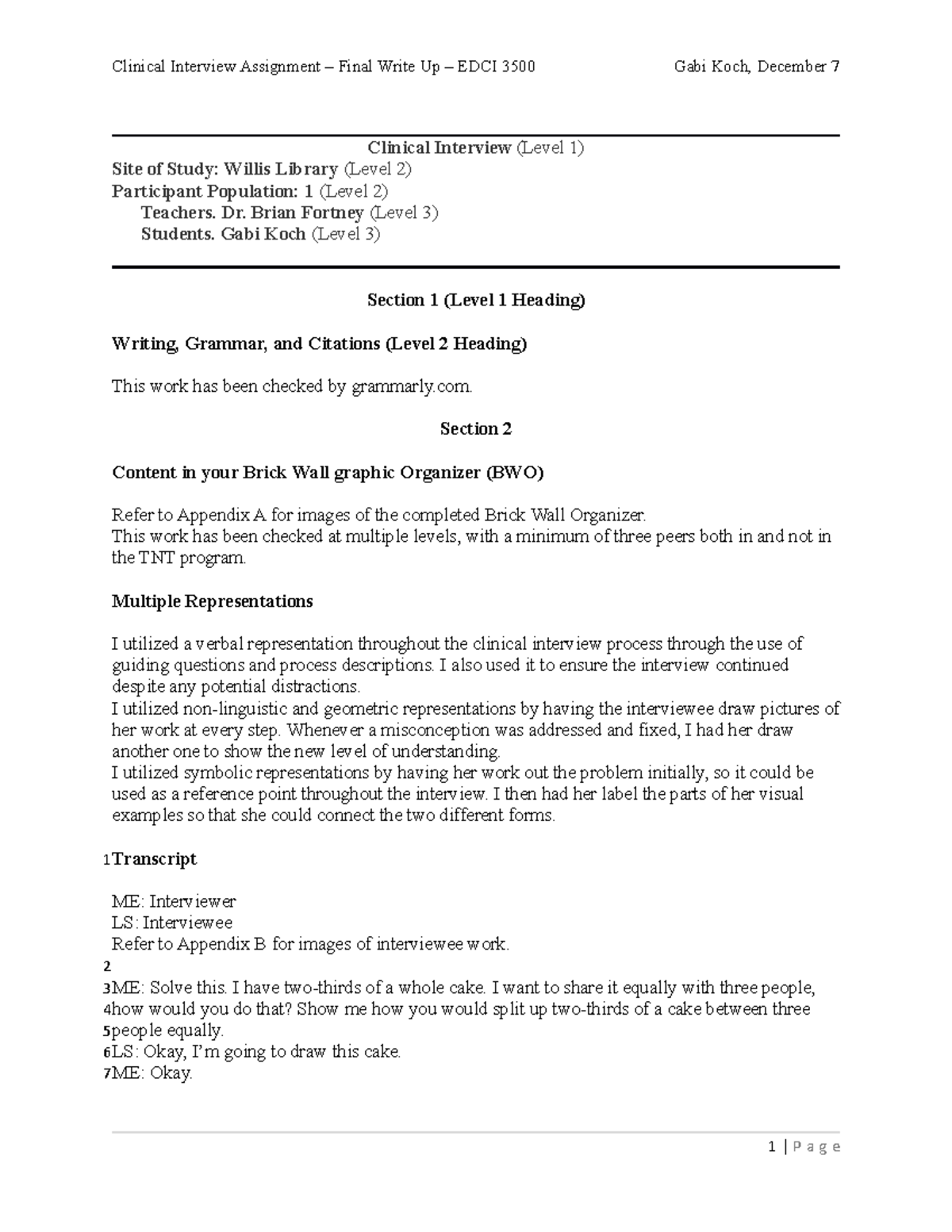 Clinical Interview Paper - Clinical Interview (Level 1) Site of Study ...