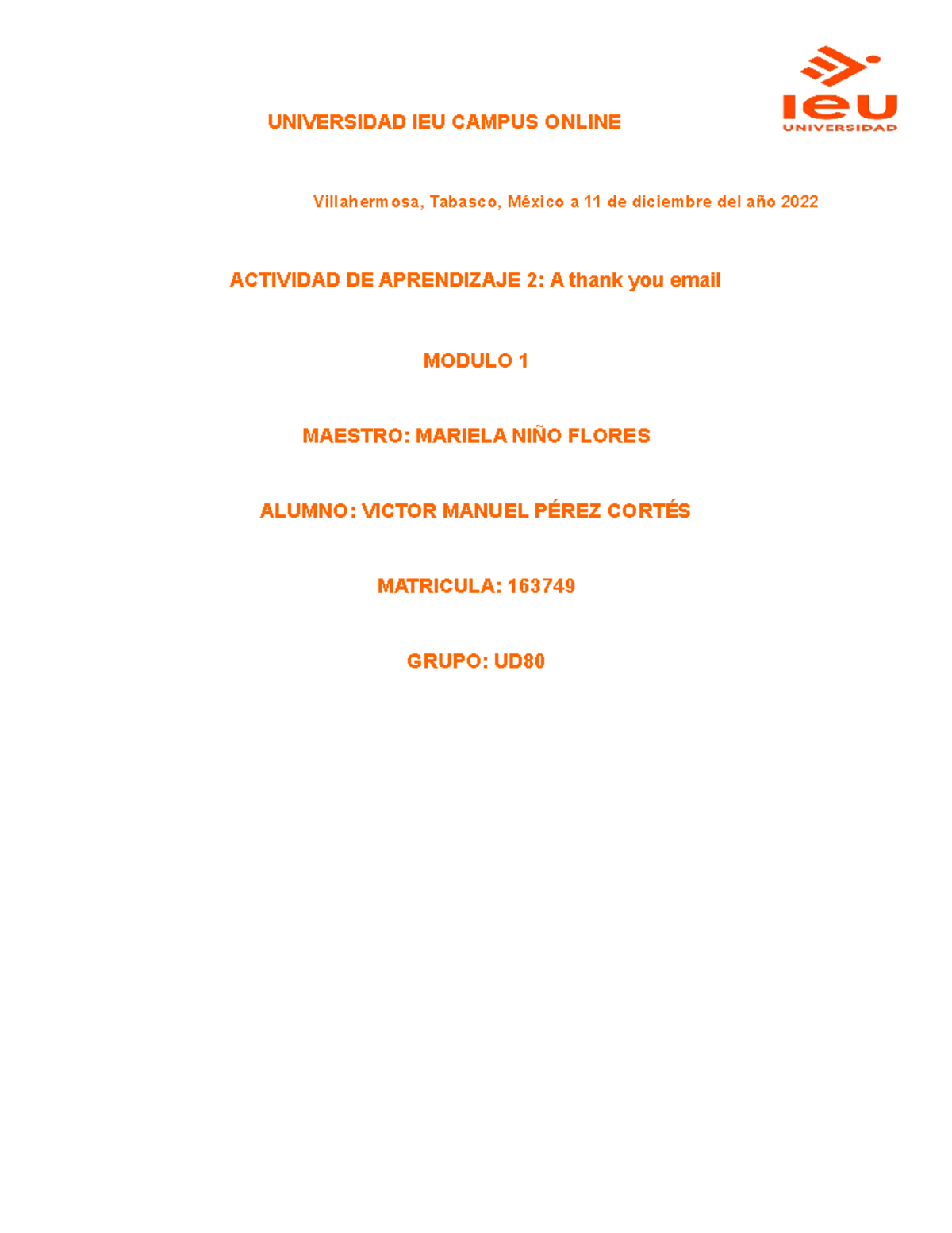 Actividad 1 Ingles UNIVERSIDAD IEU CAMPUS ONLINE Villahermosa 
