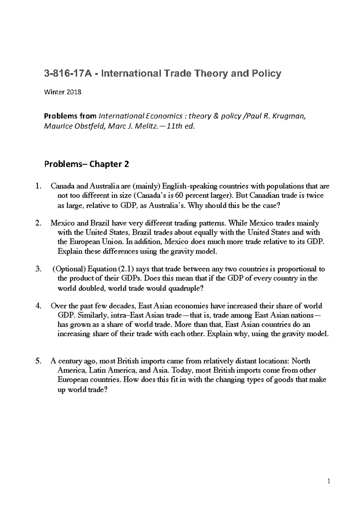 Problem Set Chapter 2 3 816 17a International Trade Theory And