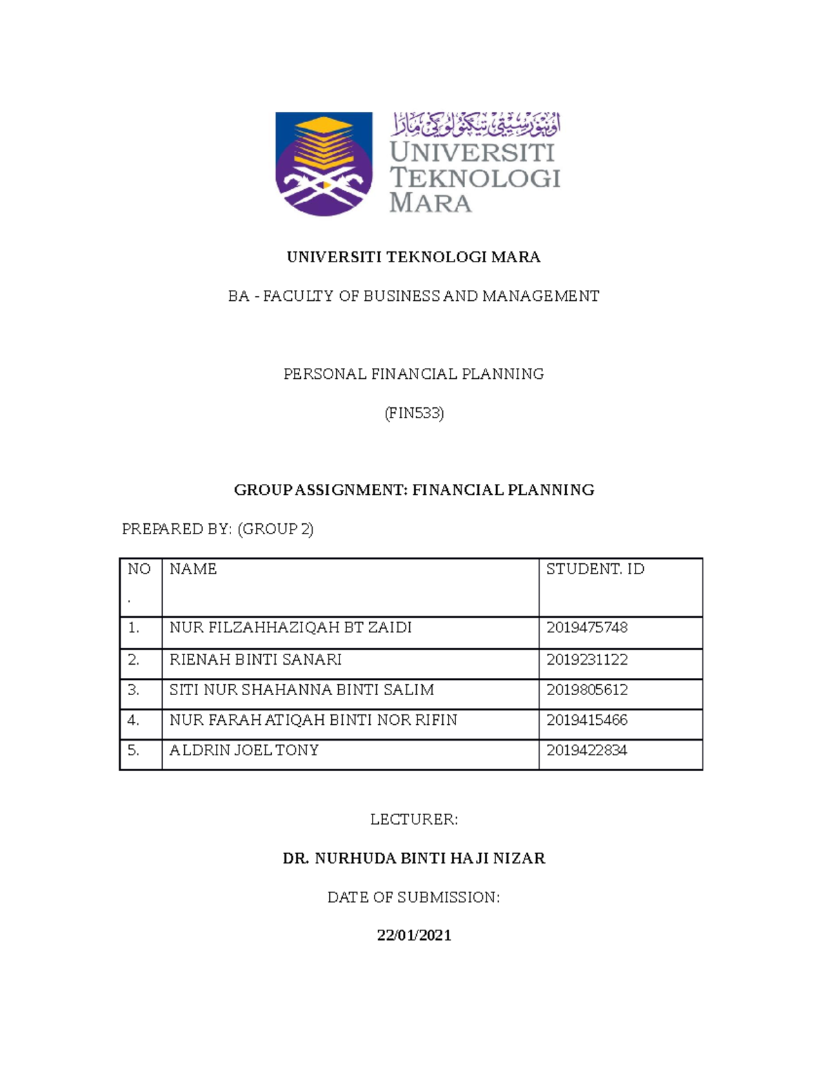 Group Assignment FIN533 2 - UNIVERSITI TEKNOLOGI MARA BA - FACULTY OF ...