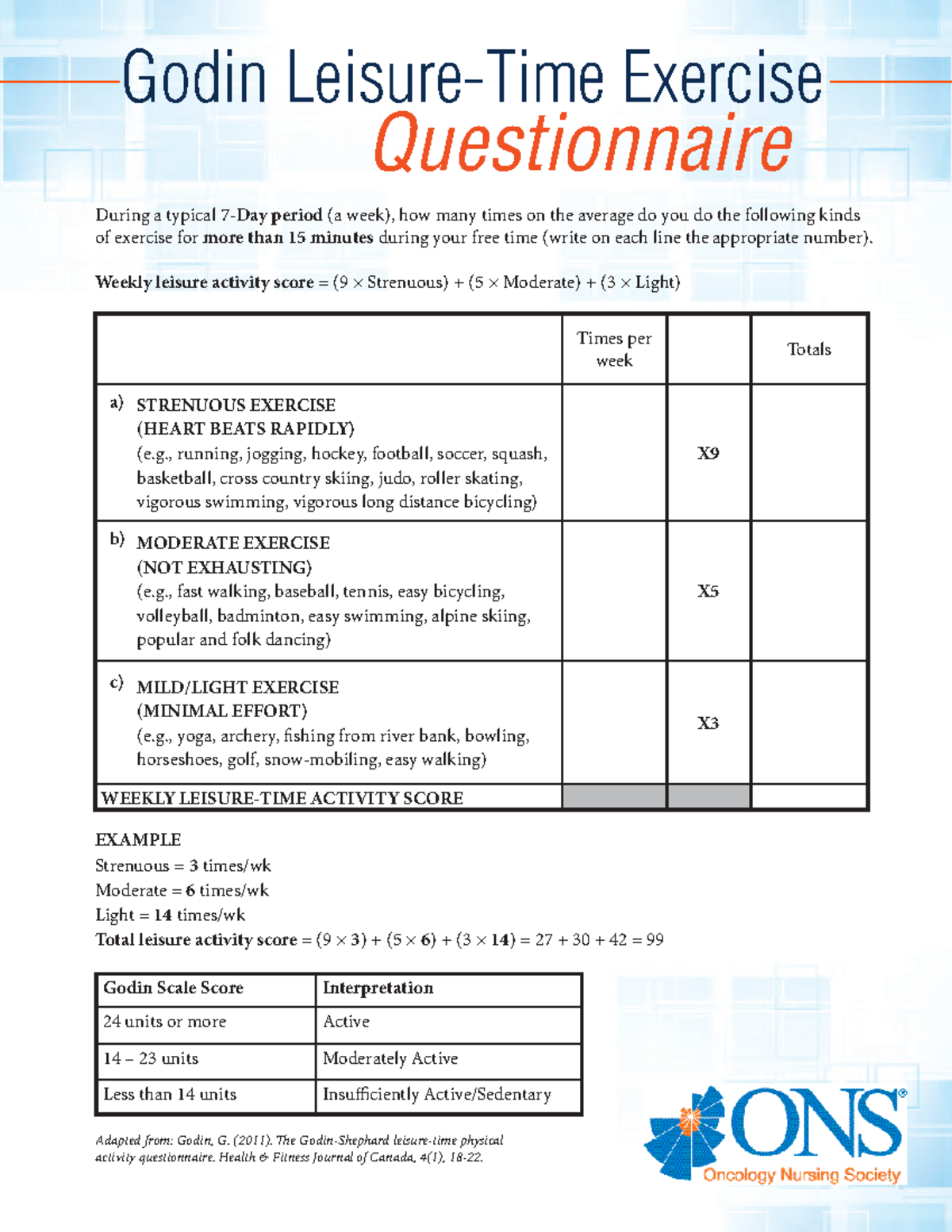 Godin LeisureTime Exercise Questionnaire 070815 Godin LeisureTime