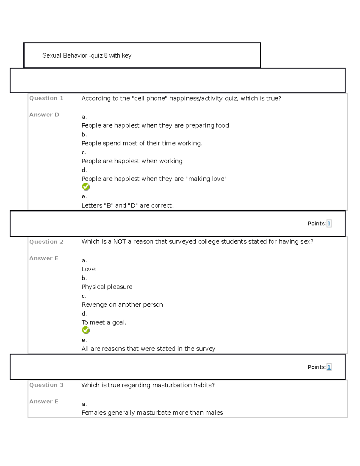 Sexual Behavior quiz with key - Sexual Behavior -quiz 6 with key ...