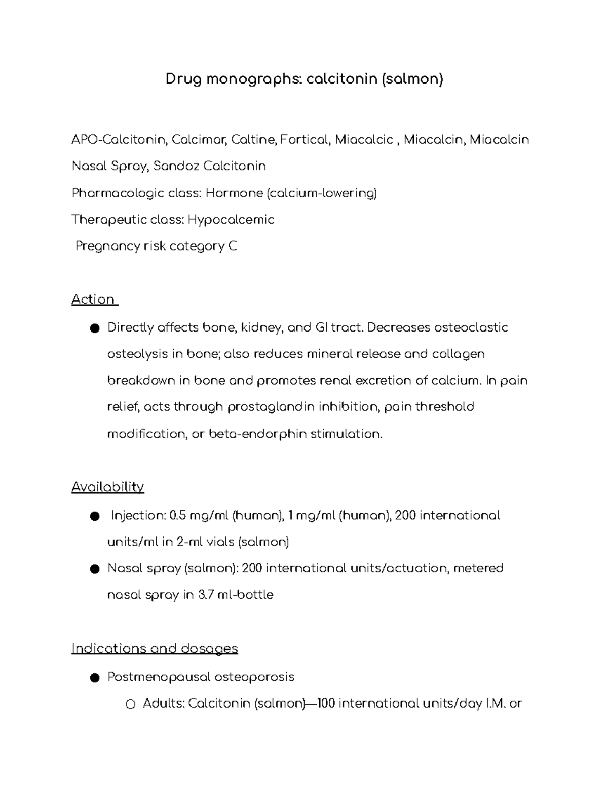 Drug monographs calcitonin (salmon) Drug monographs calcitonin