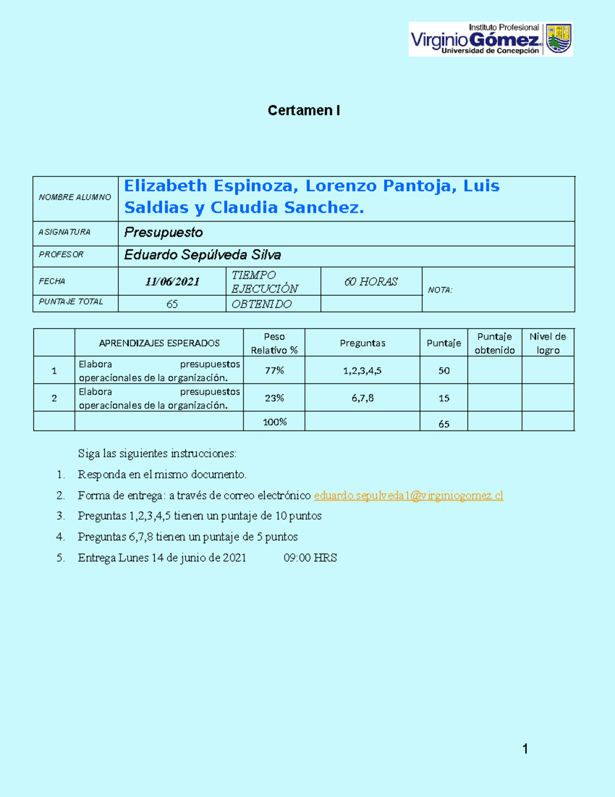 Certamen Presupuesto - ghth - Certamen I ####### NOMBRE ALUMNO ...