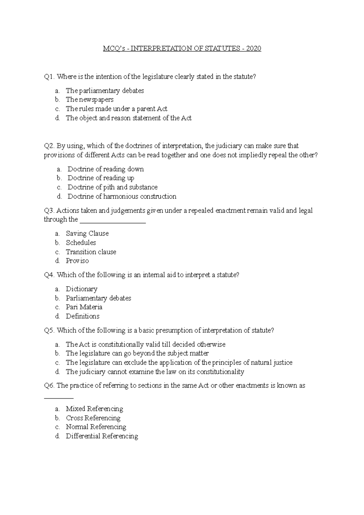 IOS MCQ's 2020 F Notes MCQ’s INTERPRETATION OF STATUTES 2020 Q1