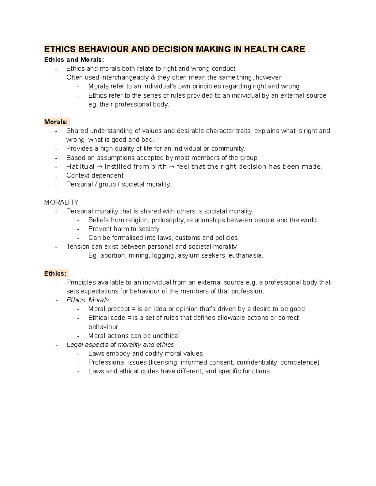 Week 5 - Ethics In Health - ETHICS BEHAVIOUR AND DECISION MAKING IN ...