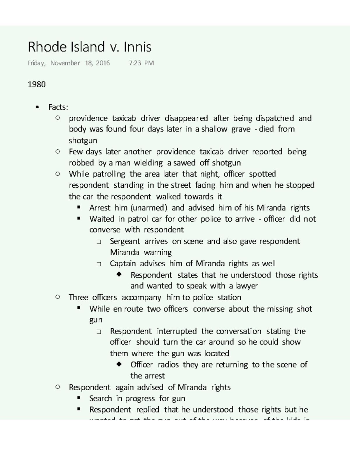 Rhode Island v. Innis Summary Criminal Procedure Investigating Crime