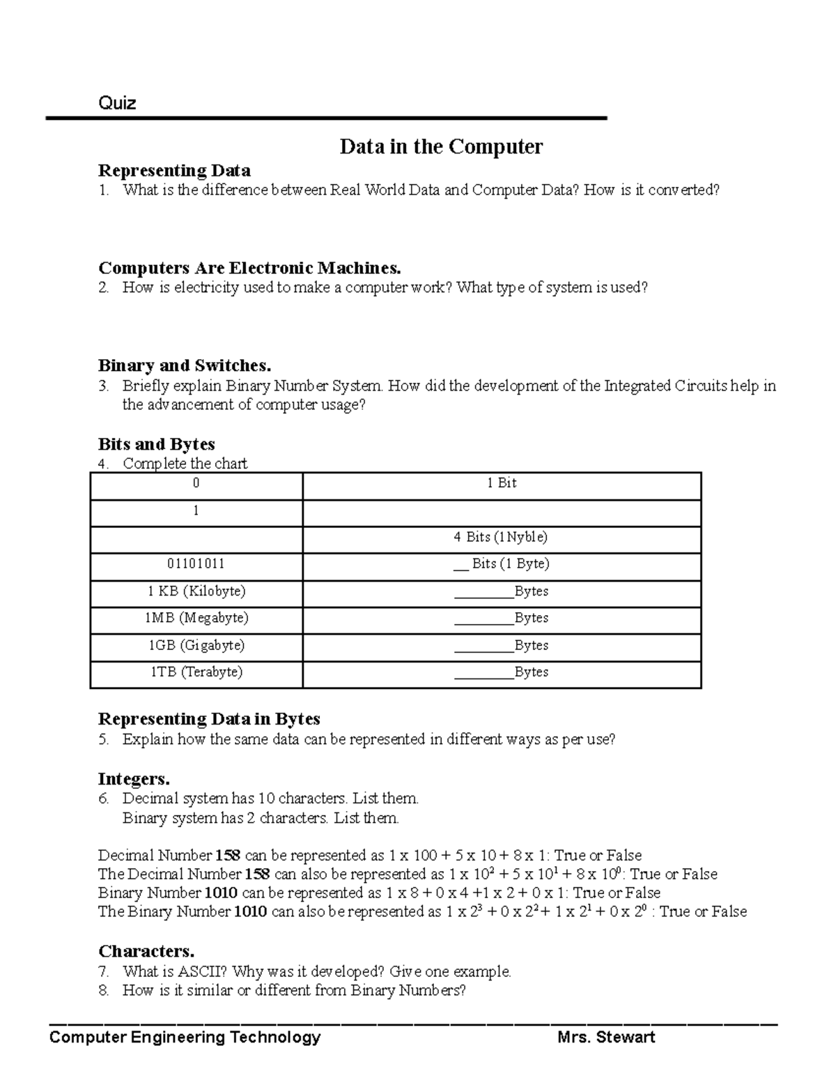 Copy of 05 Data Representation Worksheet - Quiz Data in the Computer ...