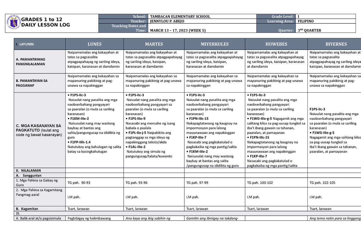 DLL Filipino 1 Q3 W5 - Daily Lesson Log - GRADES 1 To 12 DAILY LESSON ...