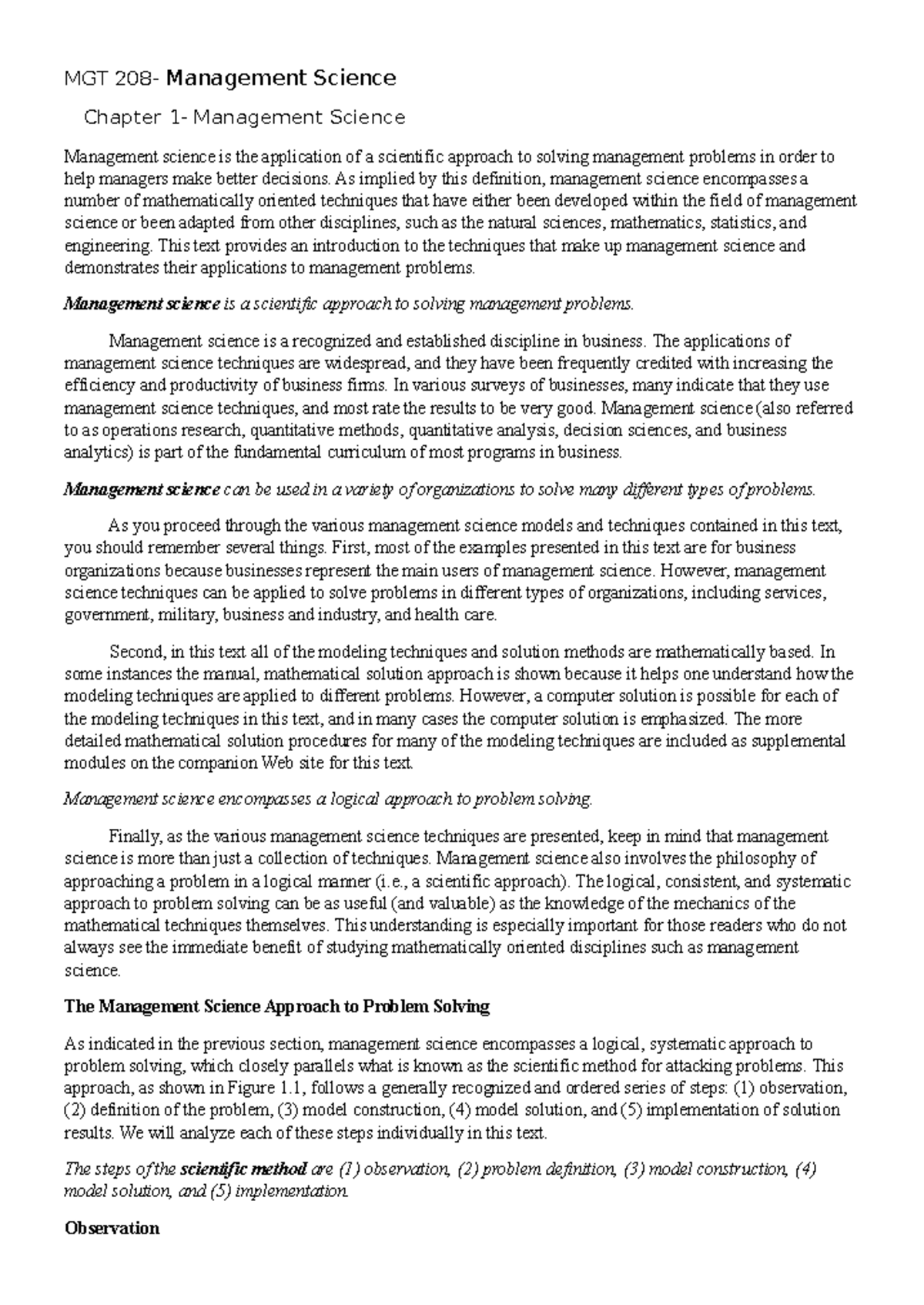 MGT 208- CHP 1 - MGT 208 - Management Science - Chapter 1 - MGT 208 ...