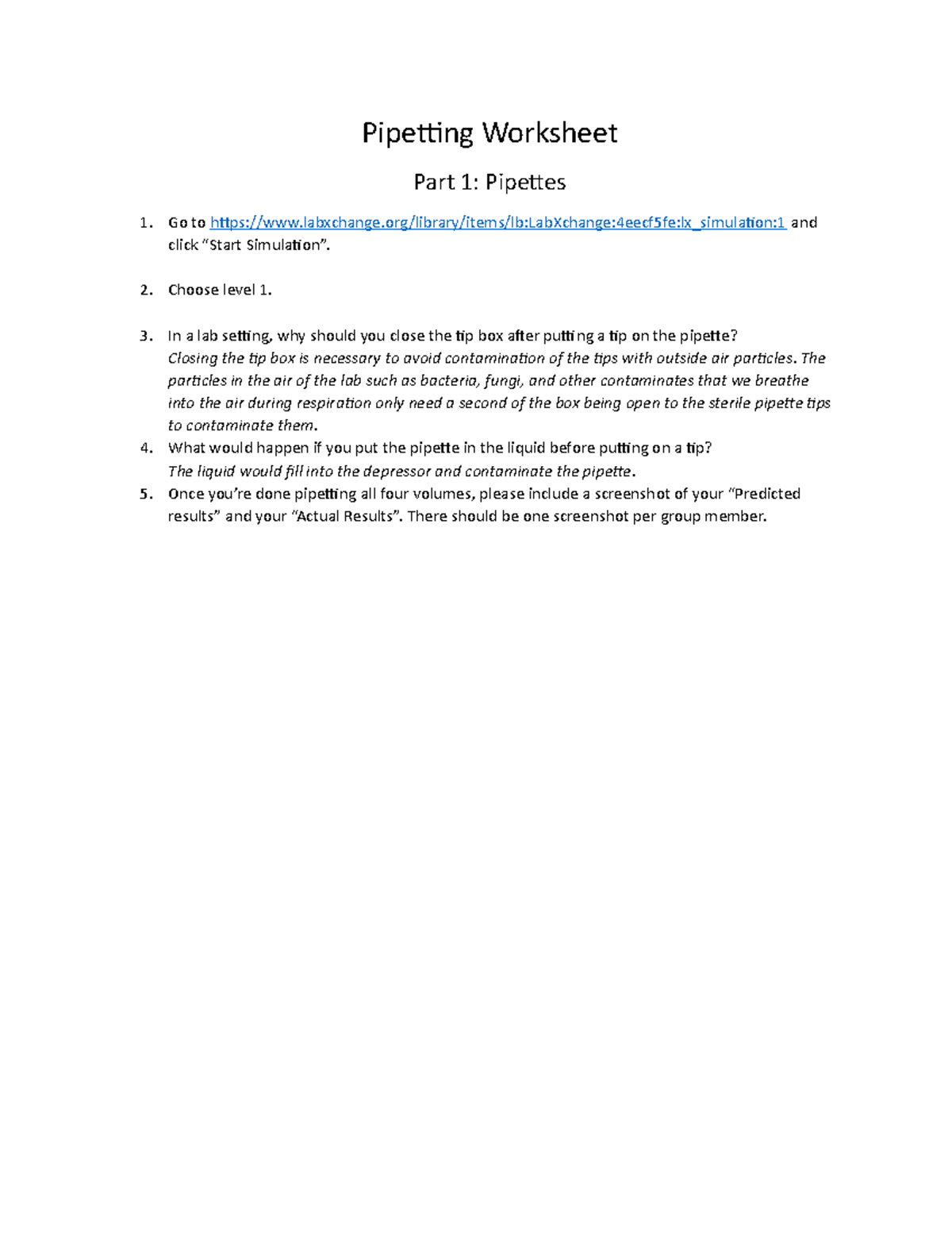 Pipetting Worksheet Pipetting Worksheet Part 1 Pipettes Go to Studocu
