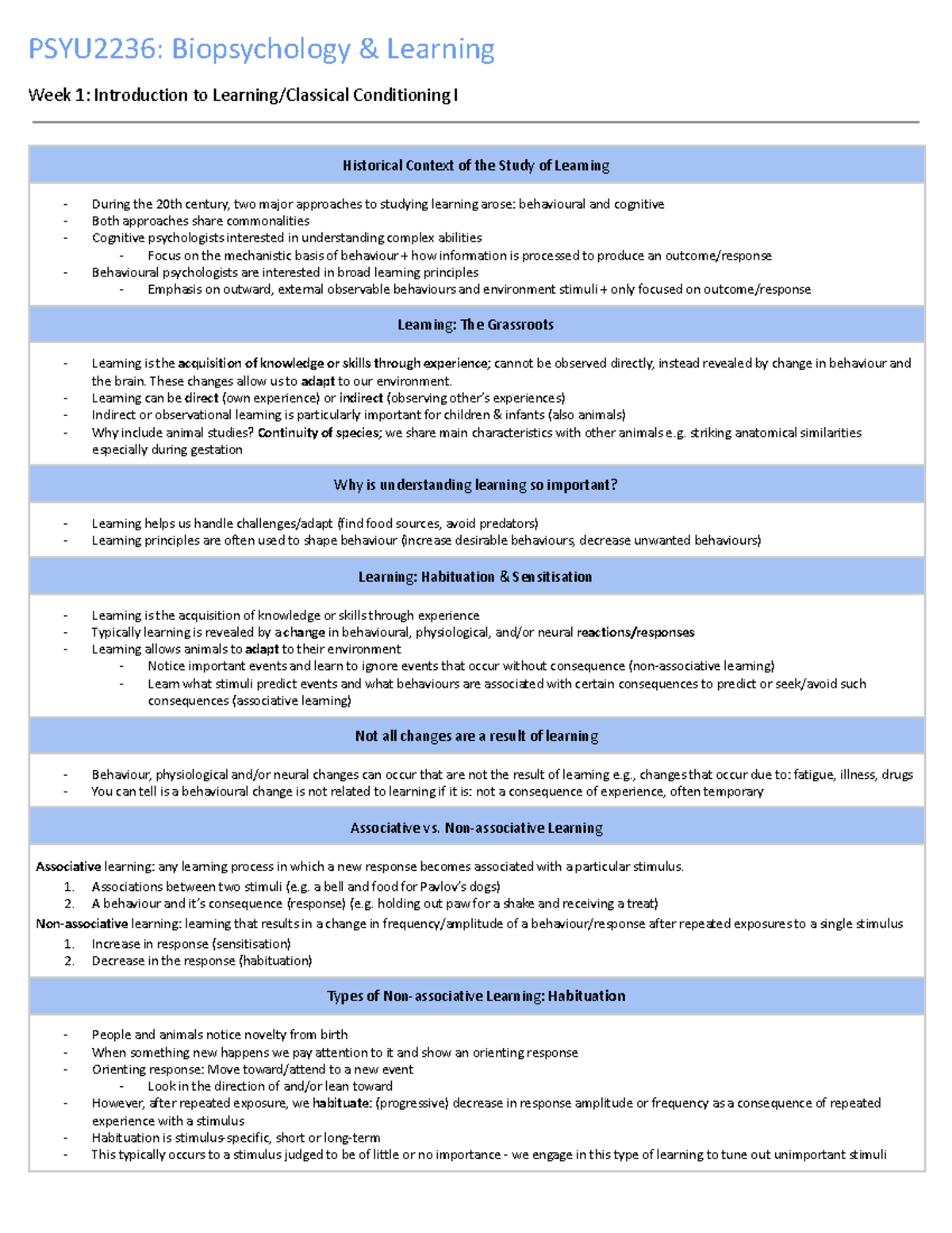 PSYU2236 - Lecture Notes 1-7 - PSYU2236: Biopsychology & Learning Week ...