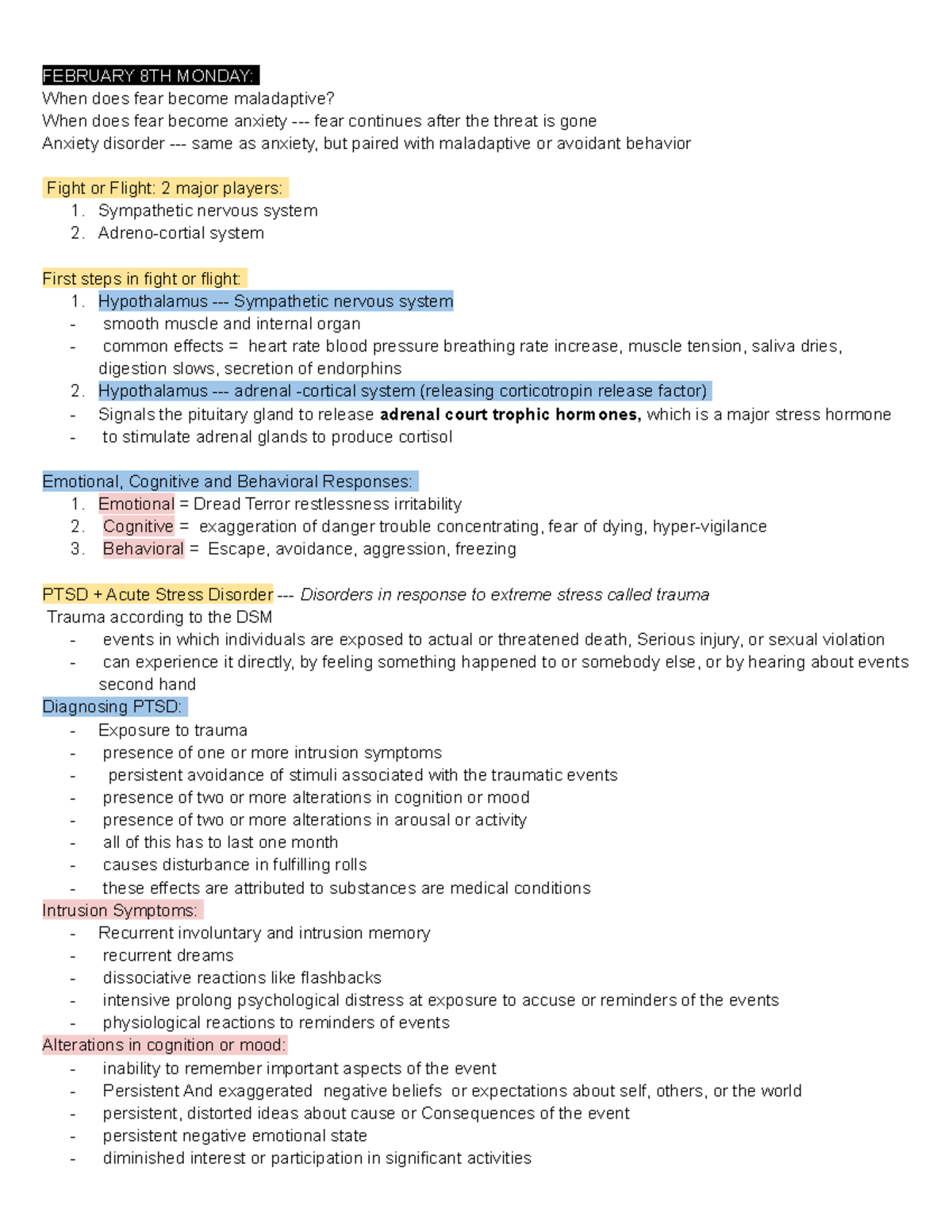 Abnormal Psychology - PSY 320 - FEBRUARY 8TH MONDAY: When does fear ...