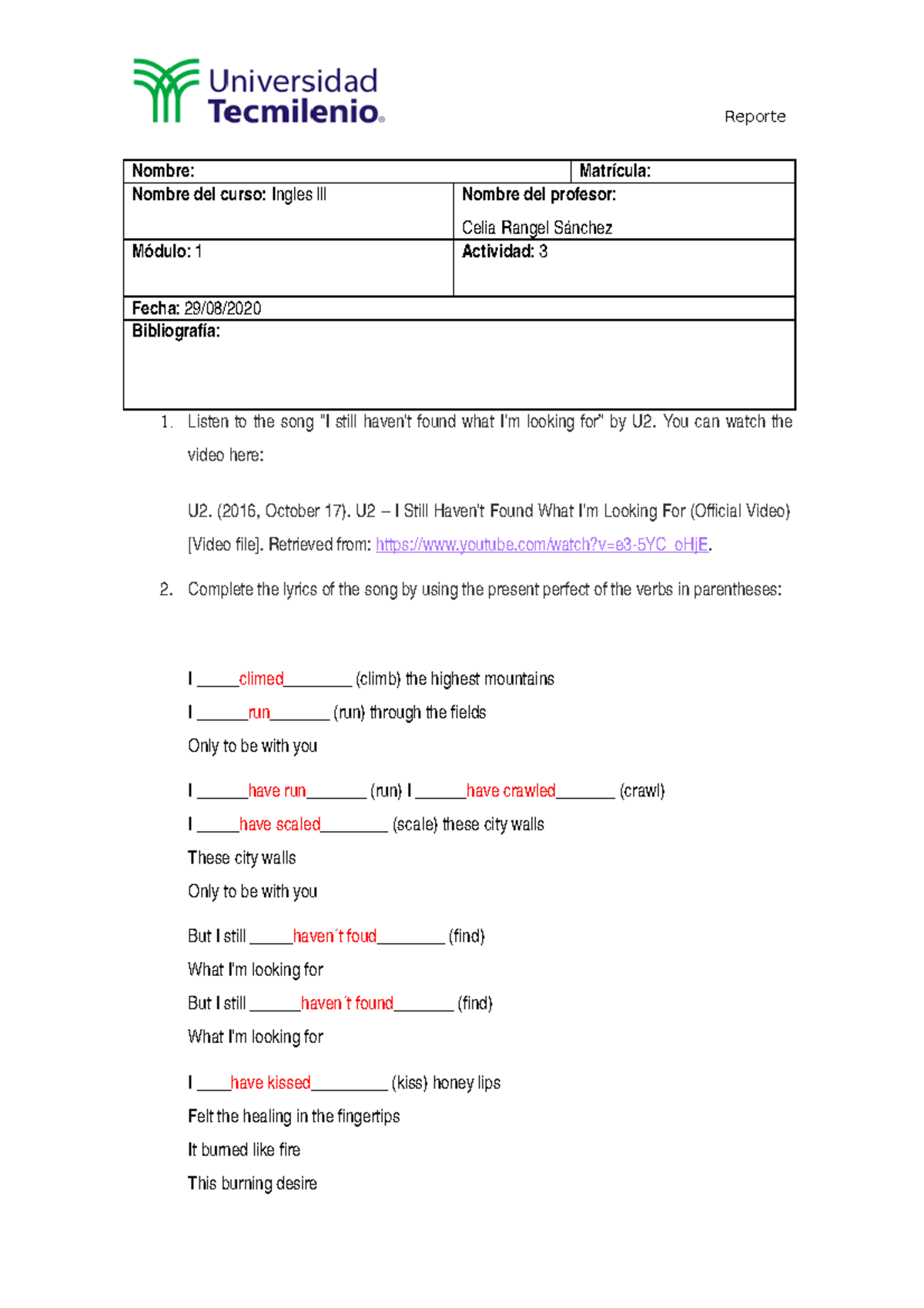 Activity 3 ingles III - Ingles Intermedio - TecMilenio - Studocu