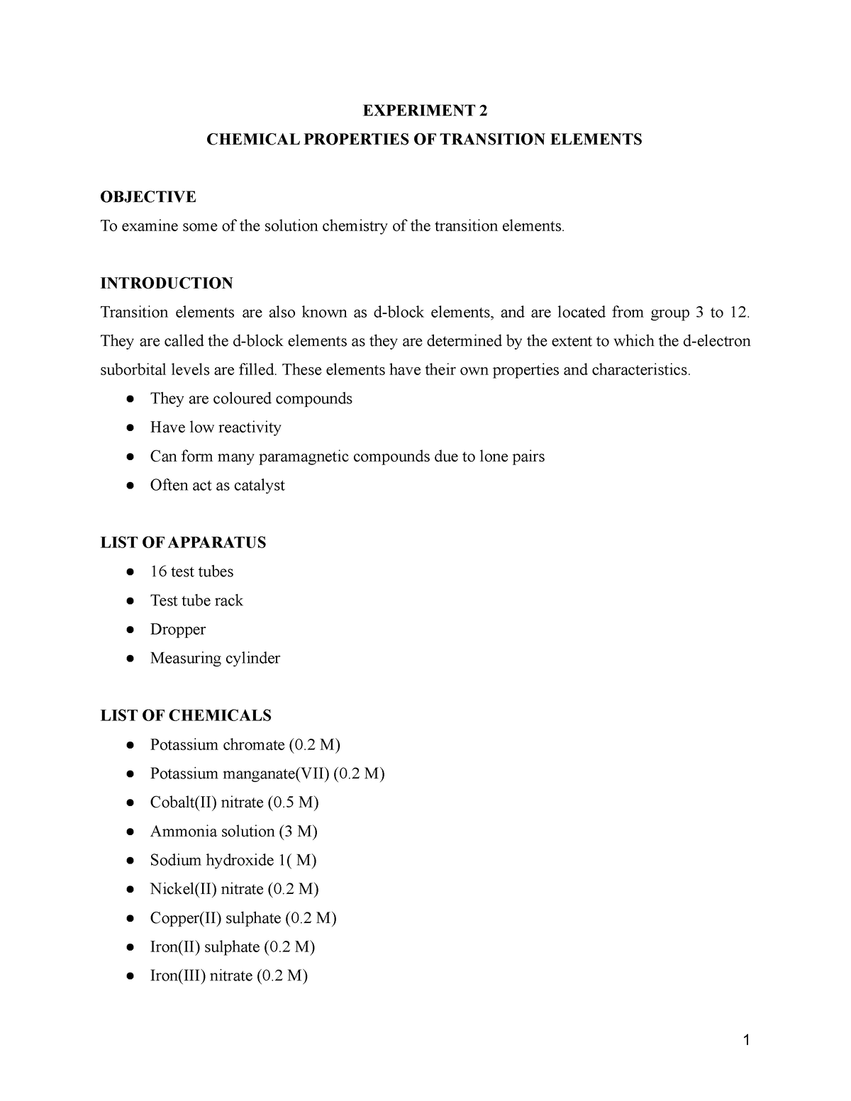 CHM 361 exp 2 - EXPERIMENT 2 - EXPERIMENT 2 CHEMICAL PROPERTIES OF ...