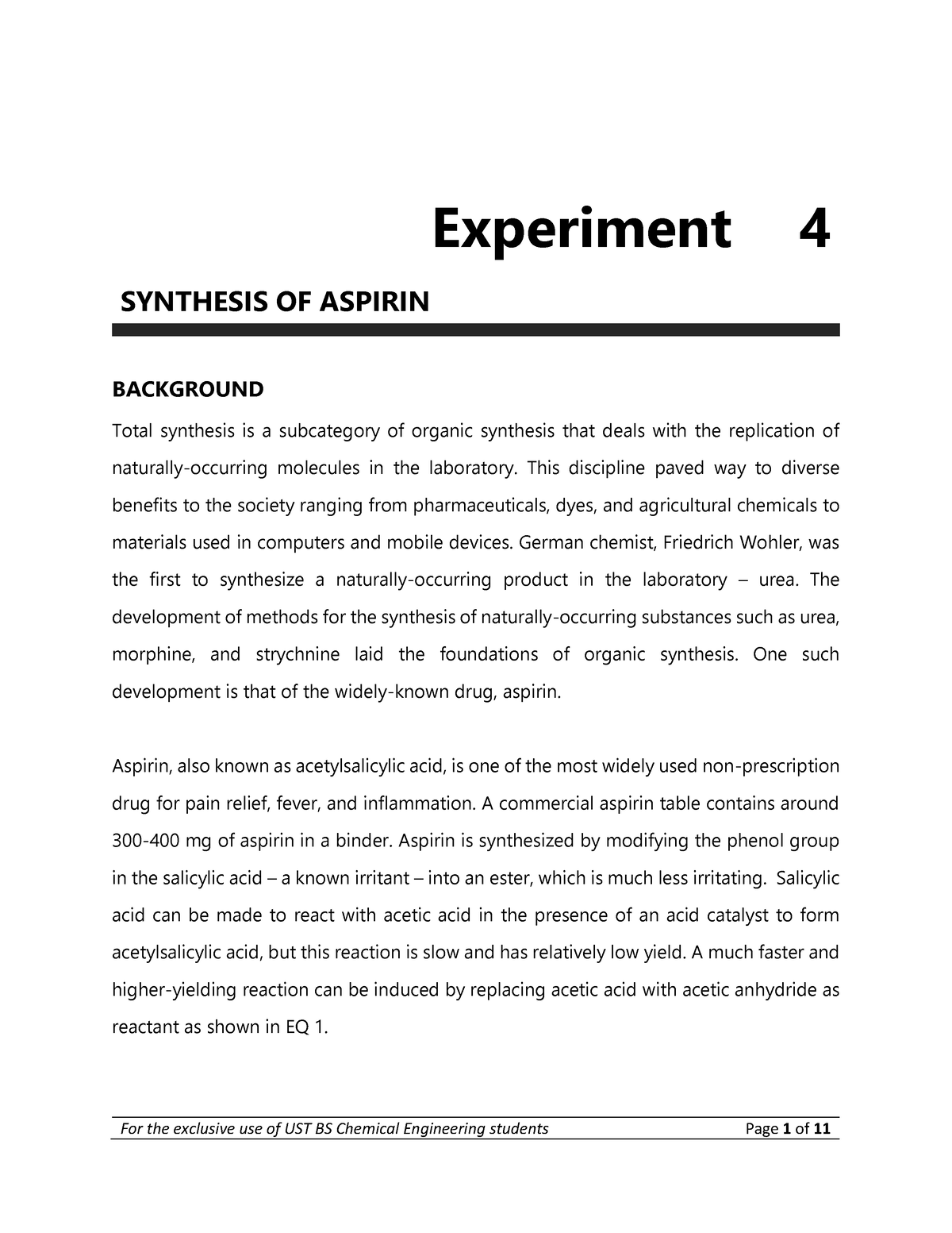 chemistry investigatory project on synthesis of aspirin