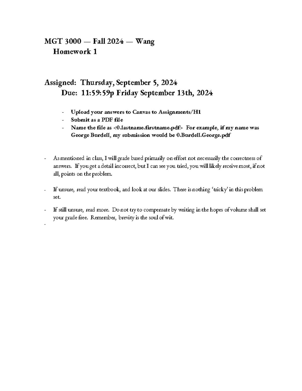 Homework Assignment 1 - MGT 3000 — Fall 2024 — Wang Homework 1 Assigned ...
