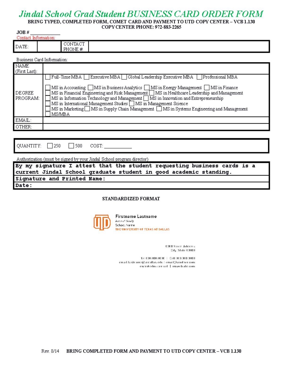 Business card order form grad student - Jindal School Grad Student ...