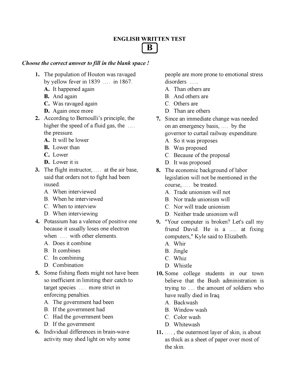 [ English] Written Test B - ENGLISH WRITTEN TEST B Choose The Correct ...