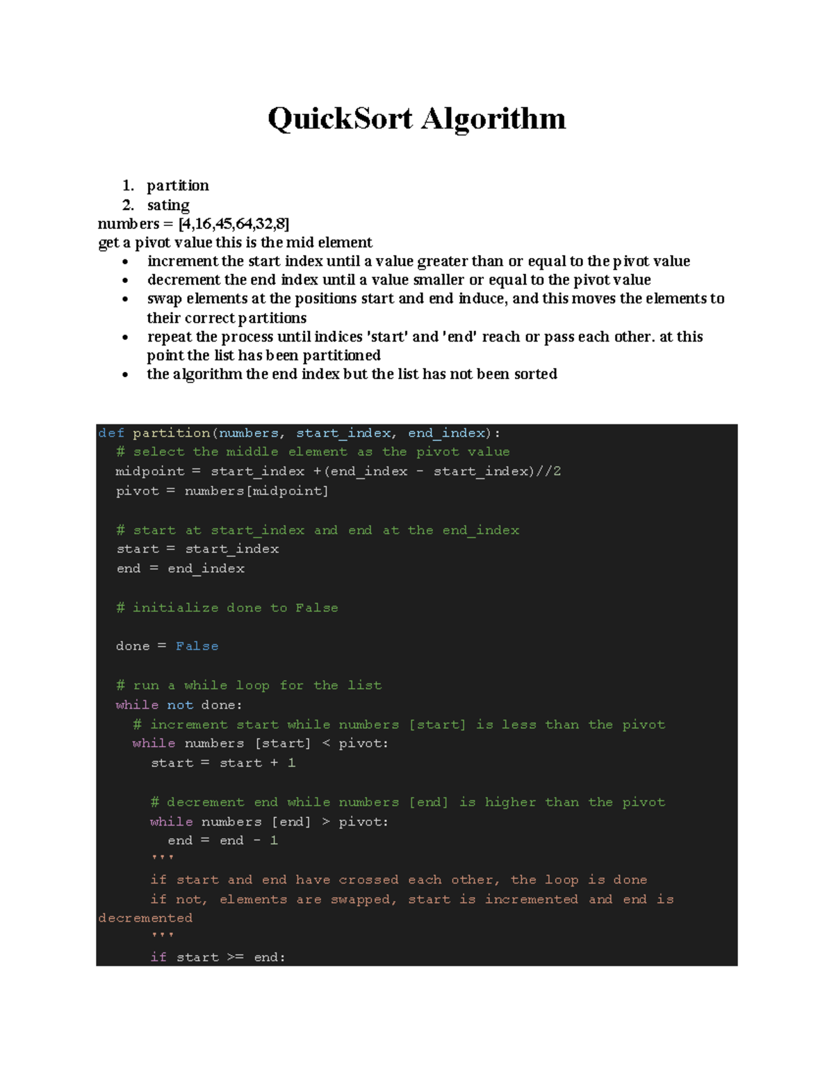 Document 1 - i hope this helps - QuickSort Algorithm 1. partition 2 ...