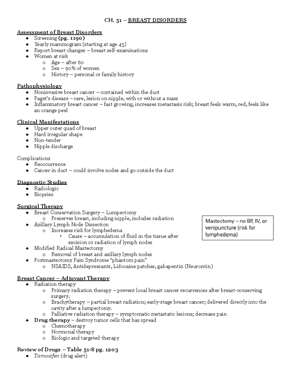 Breast Disorders Lecture Notes - CH. 51 – BREAST DISORDERS Assessment ...