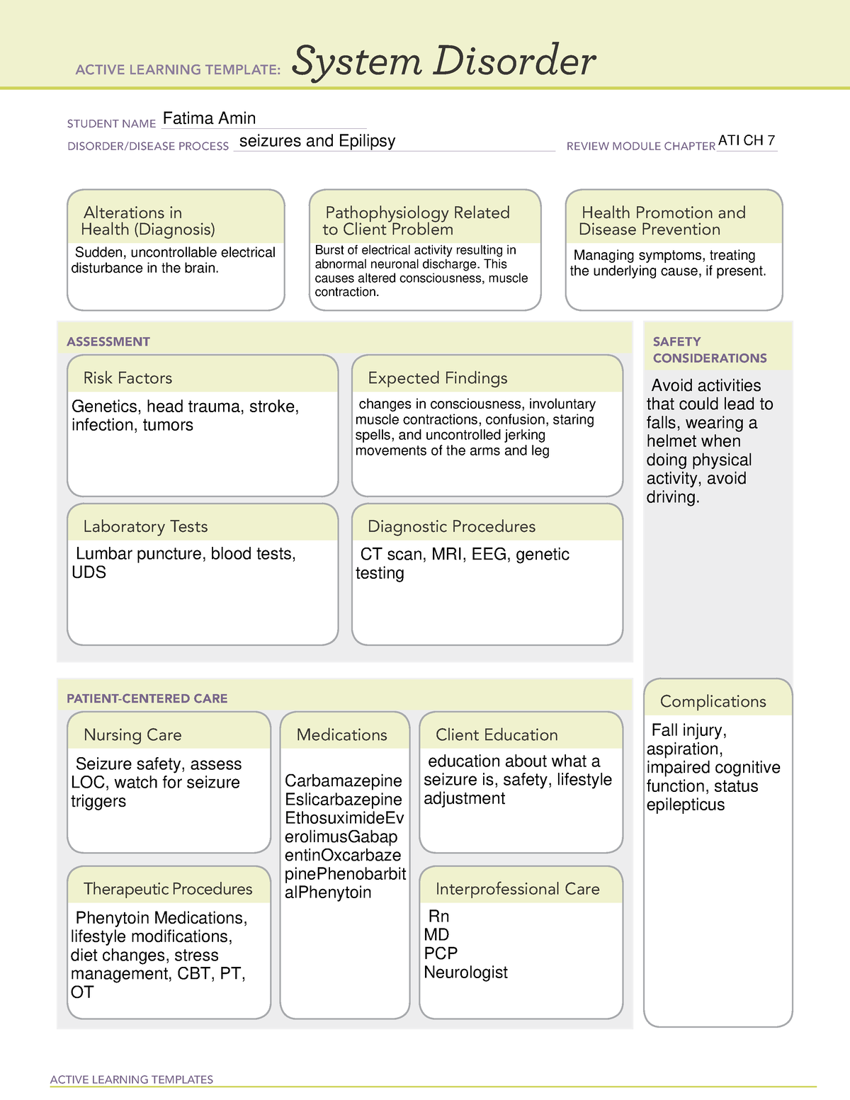 Seizures and epilipsy jkh ACTIVE LEARNING TEMPLATES System Disorder