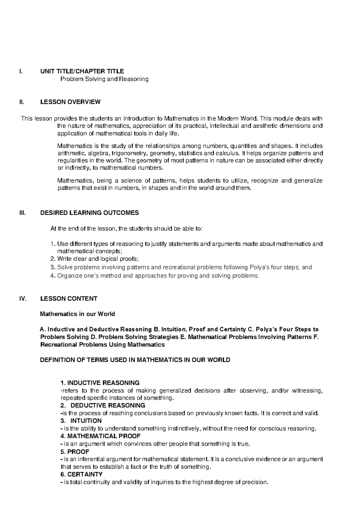 Mathematics IN Modern WORD - Lesson 3 - I. UNIT TITLE/CHAPTER TITLE ...