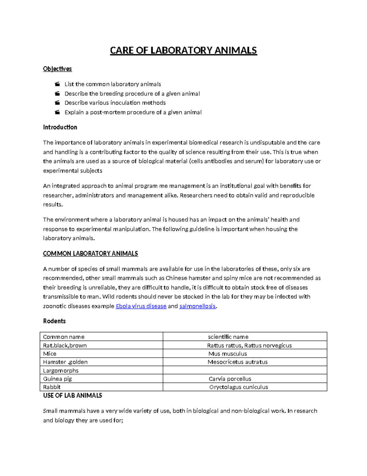 CARE OF Laboratory Animals - CARE OF LABORATORY ANIMALS Objectives List ...