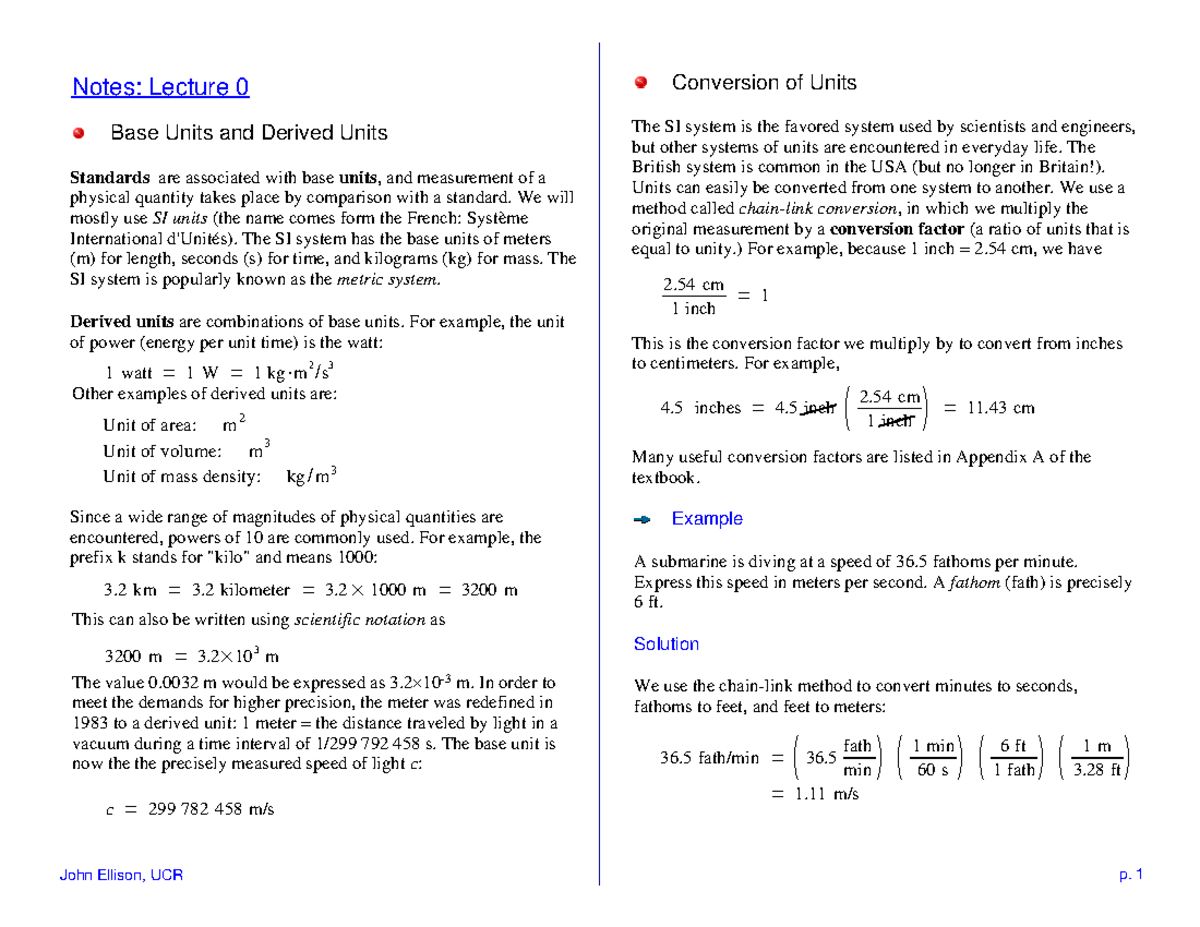 Notes - Lecture 0 - Professor: John Ellison 1. Base Units and Derived ...