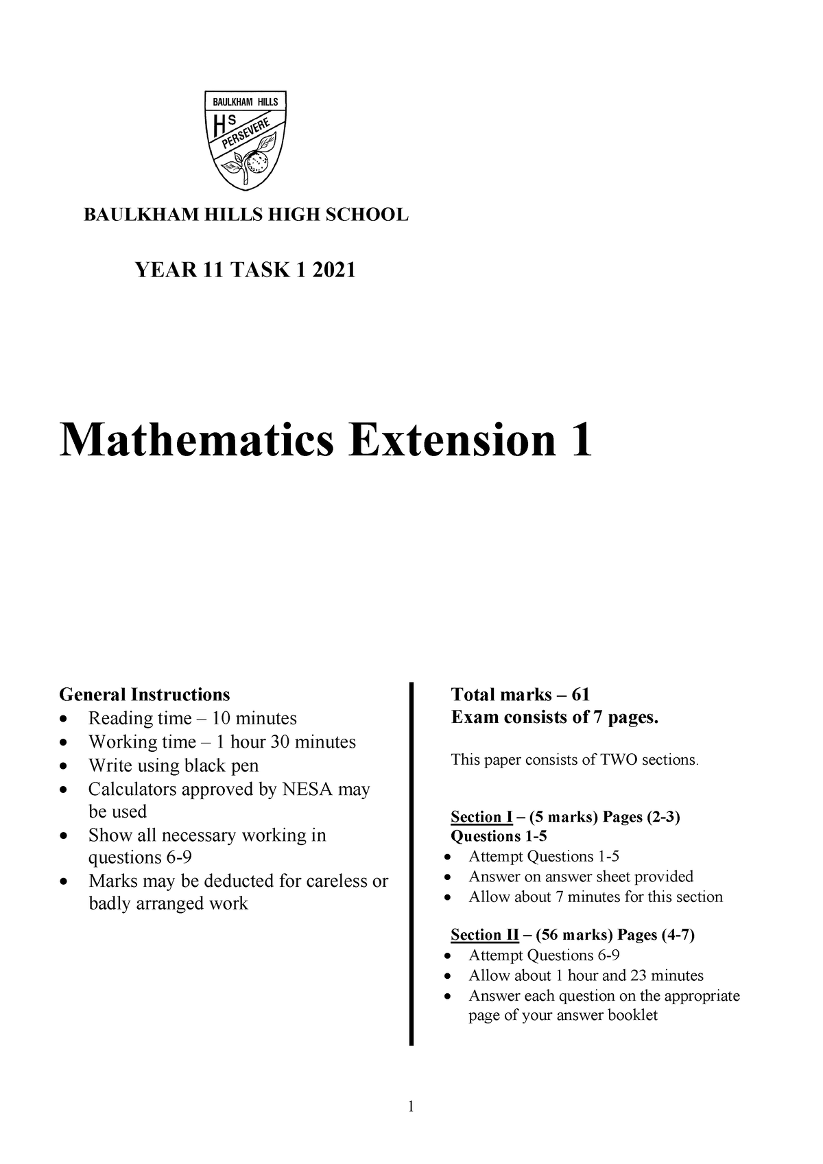 Yr 11 Extension Term 1 Exam 2021 - BAULKHAM HILLS HIGH SCHOOL YEAR 11 ...