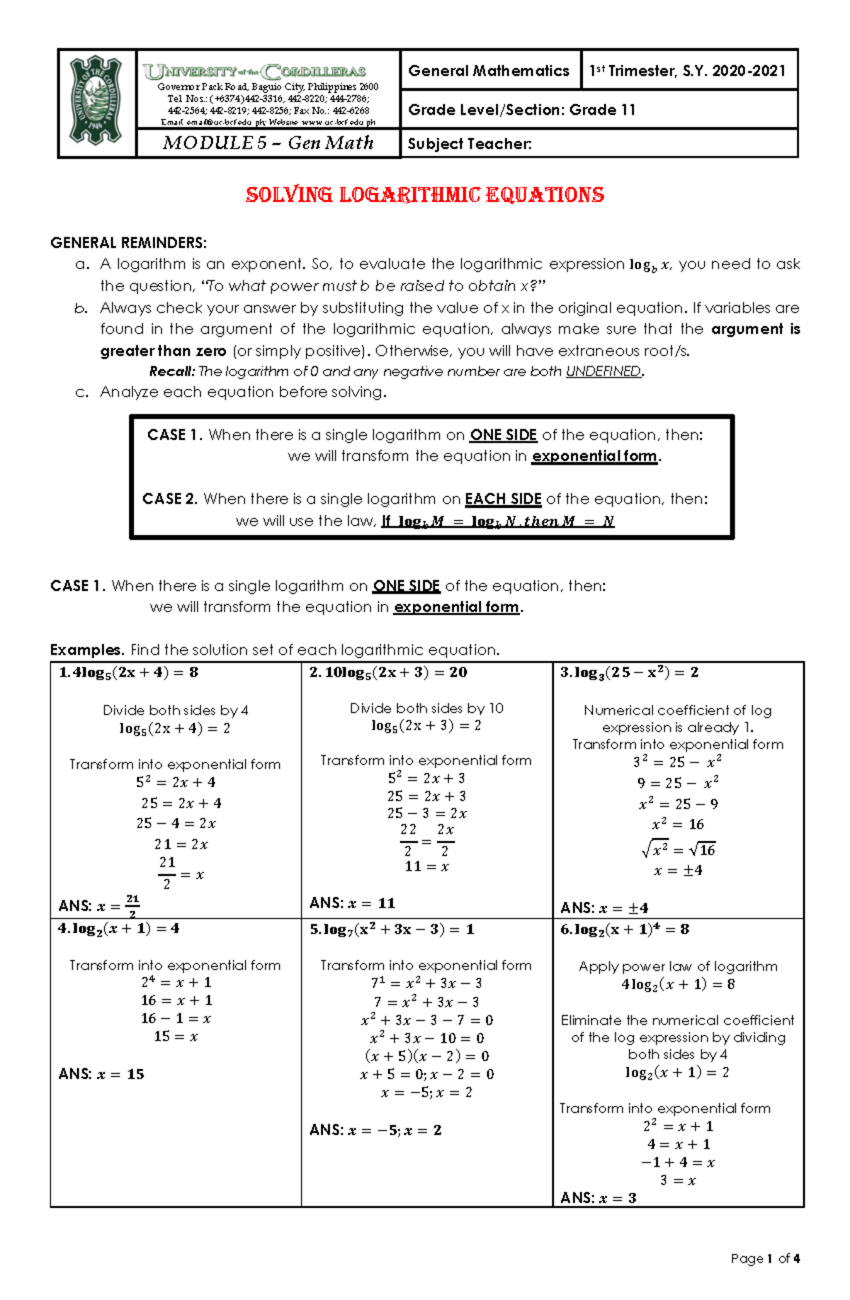 m 5 solving logarithmic equations - Governor Pack Road, Baguio City ...