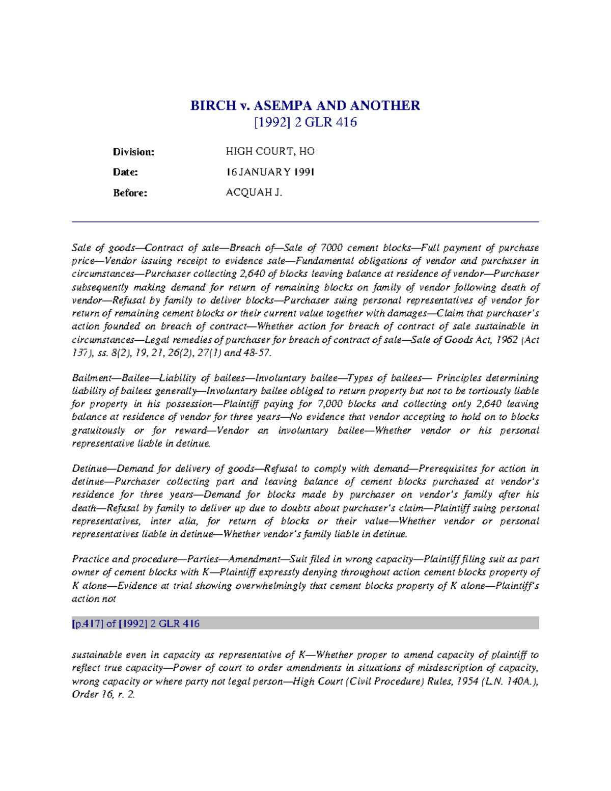 Birch v. Asempa AND Another BIRCH v. ASEMPA AND ANOTHER [1992] 2 GLR
