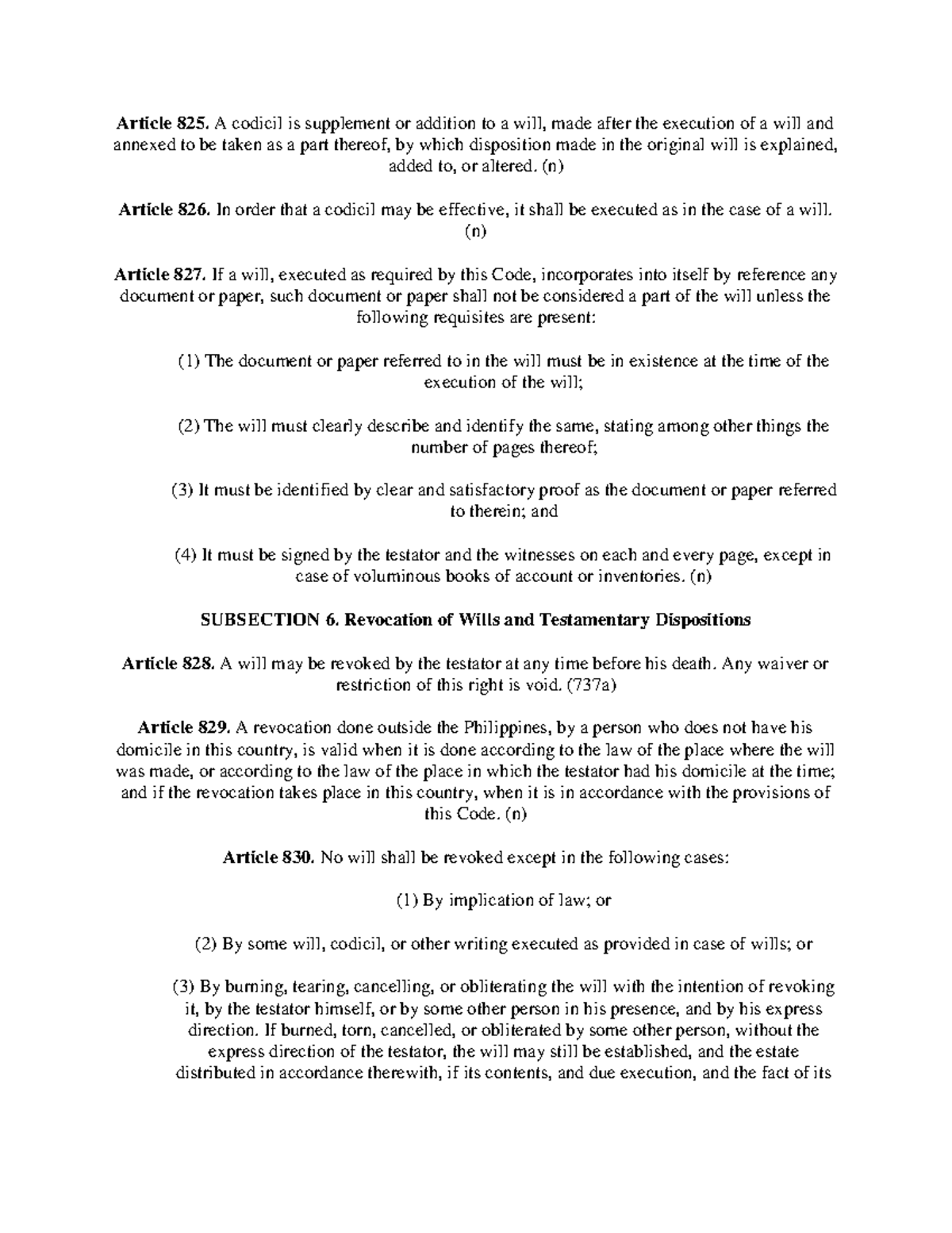 PHL5016042 n/a Article 825. A codicil is supplement or addition to