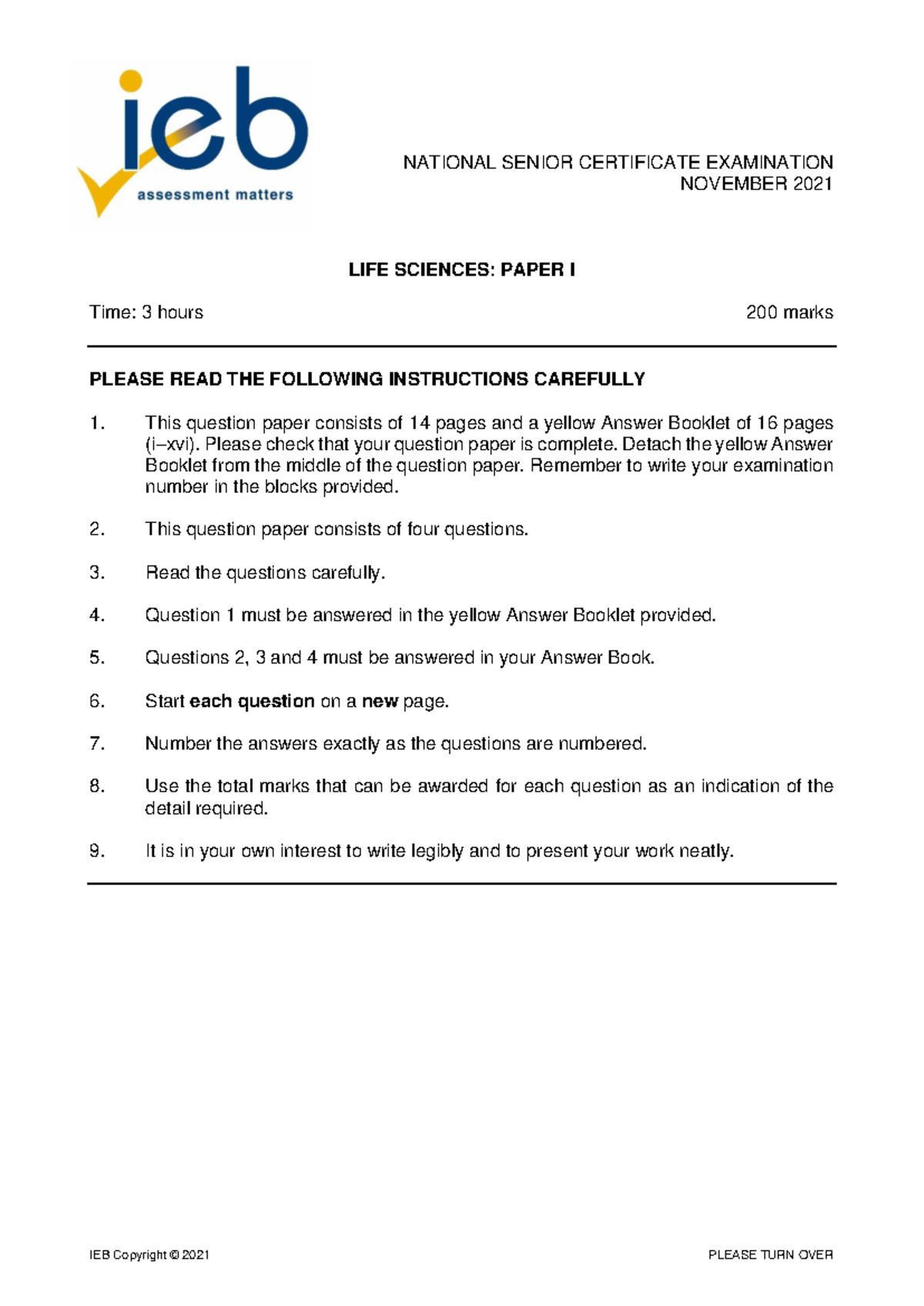 Life Sciences P1 2021 - a past paper that may help with biology - IEB ...
