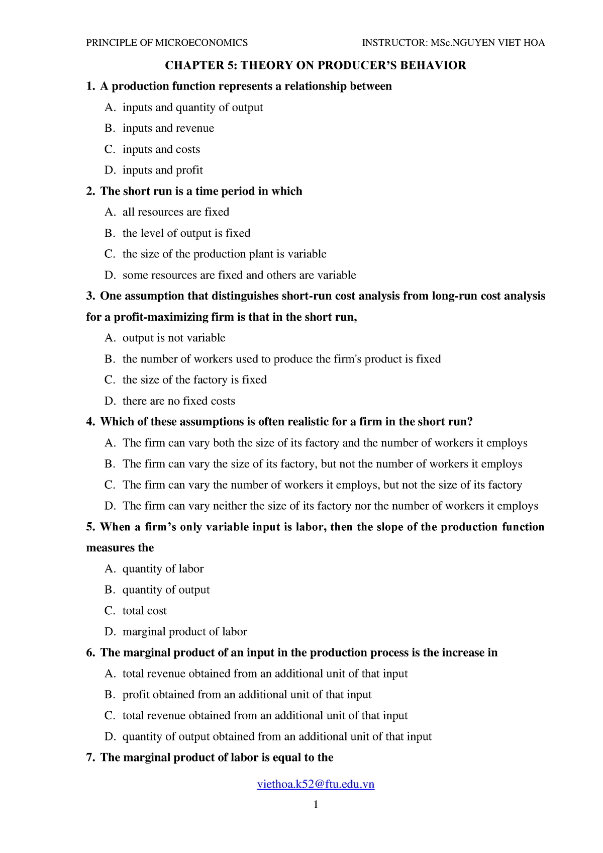 MCQs-Chapter 5 - Chapter 5: Firm's behavior - viethoa@ftu.edu CHAPTER 5 ...