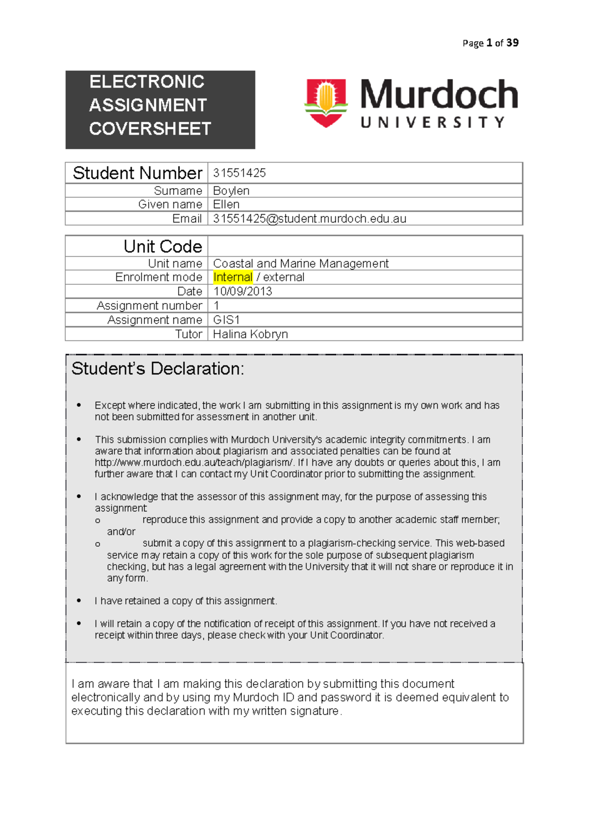 Seminar assignments - Page 1 of 38 ELECTRONIC ASSIGNMENT COVERSHEET ...