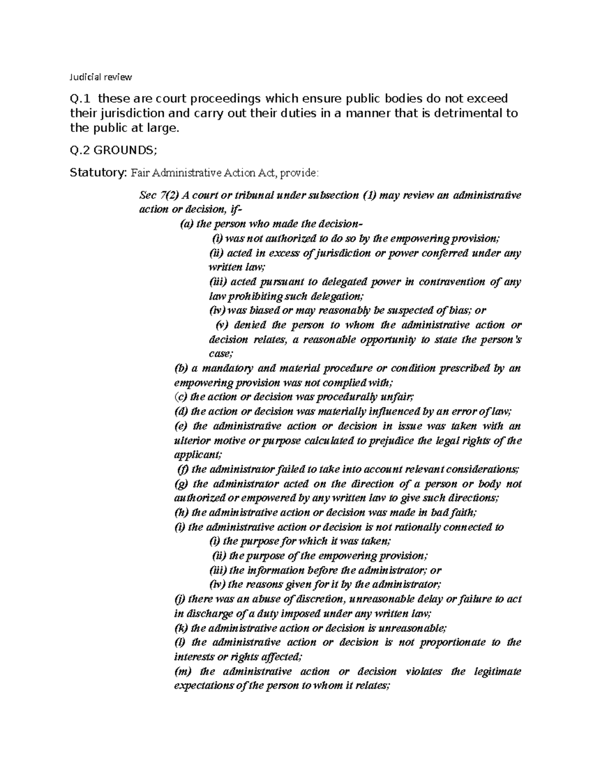 Judicial review Q GROUNDS; Statutory Fair Administrative Action Act