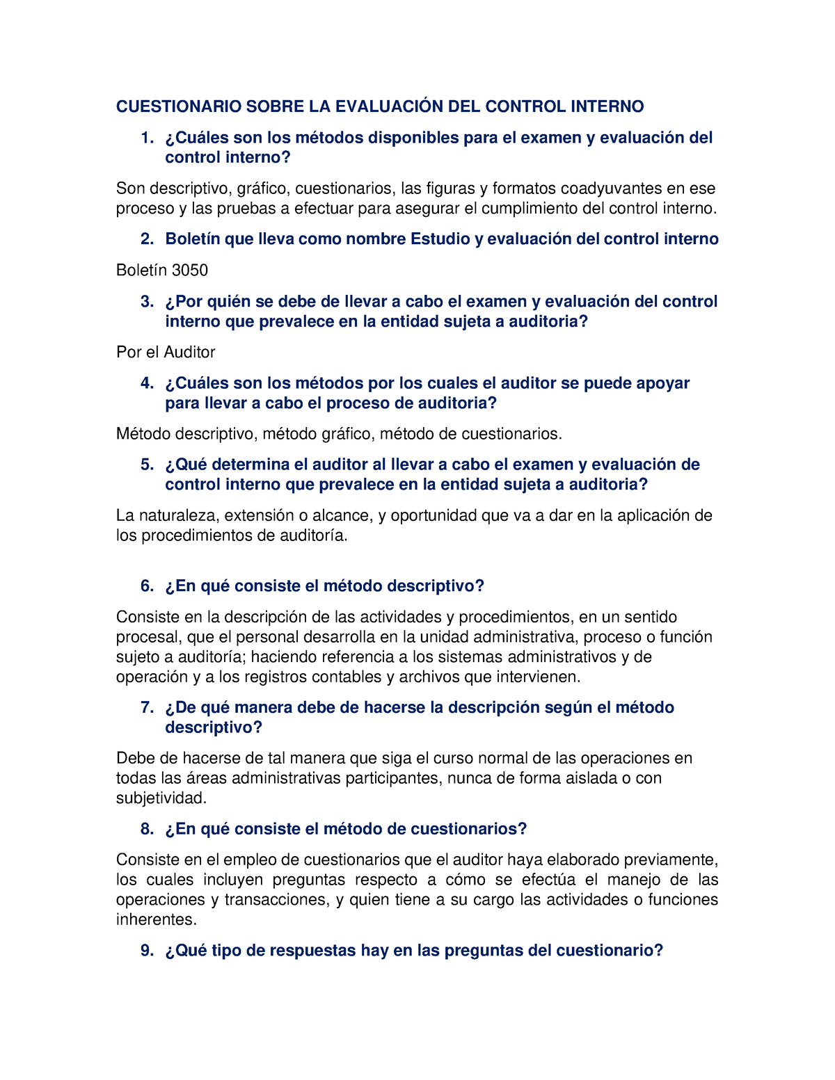 Cuestionario Sobre La Evaluaci N Del Control Interno Cuestionario Sobre La Evaluaci N Del