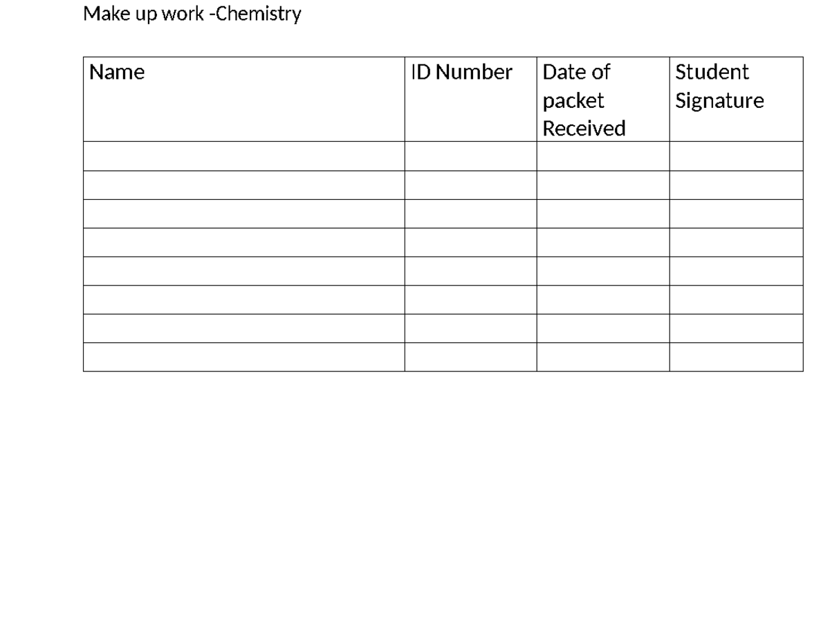 Sign out sheet for c4 packet - Make up work -Chemistry Name ID Number ...