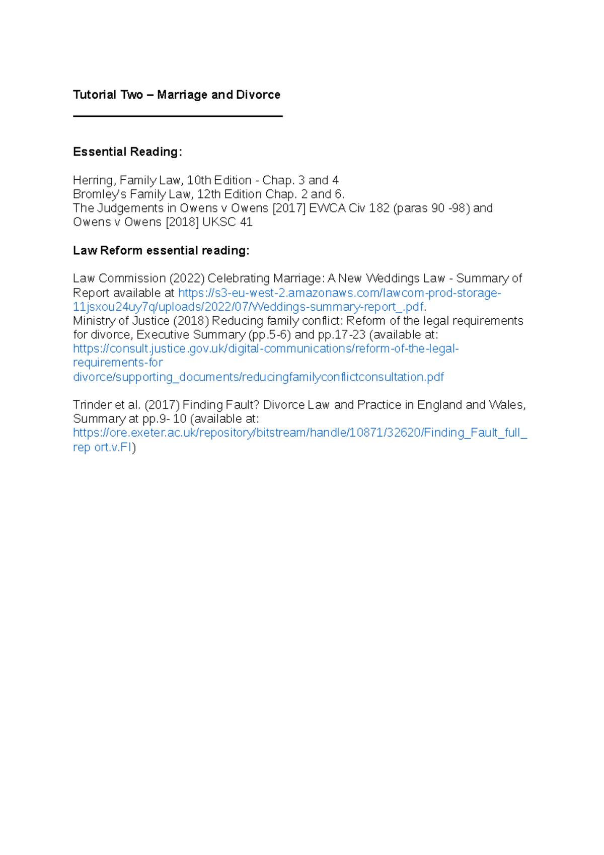 Tutorial 2 LAW6031 Tutorial Two Marriage and Divorce Essential