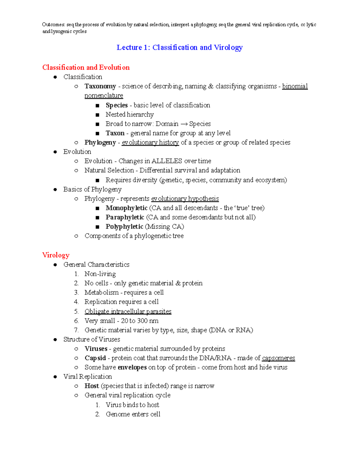 Lecture 1 - notes - Outcomes: seq the process of evolution by natural ...