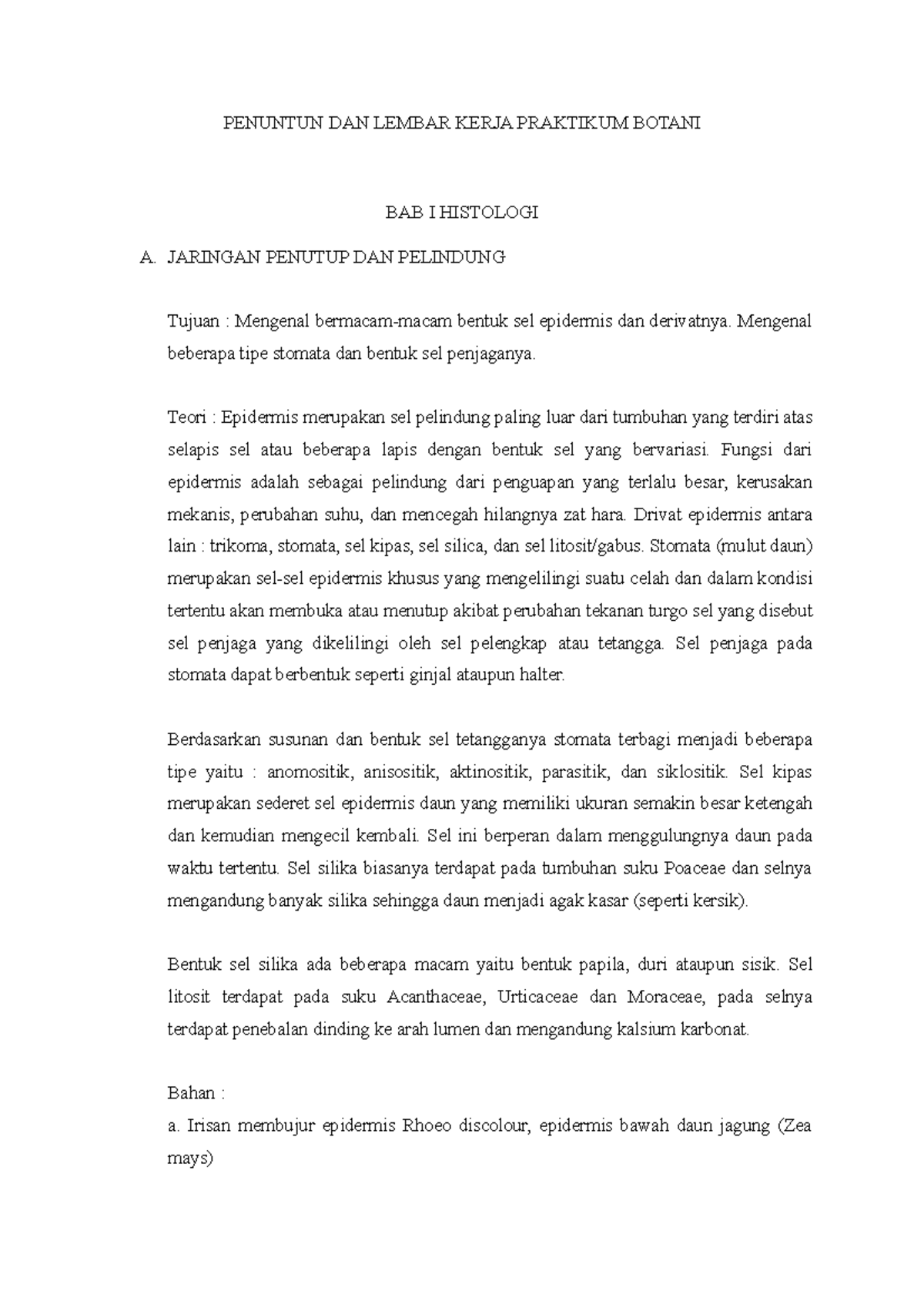 08 Botani PENUNTUN DAN LEMBAR KERJA PRAKTIKUM BOTANI BAB I HISTOLOGI