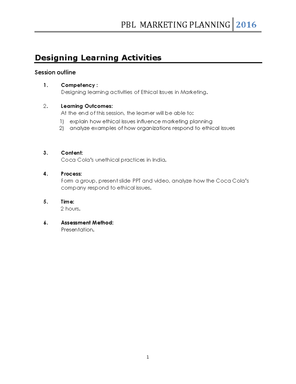 Activity Ethical Issues in Marketing - PBL MARKETING PLANNING 2016 1 ...