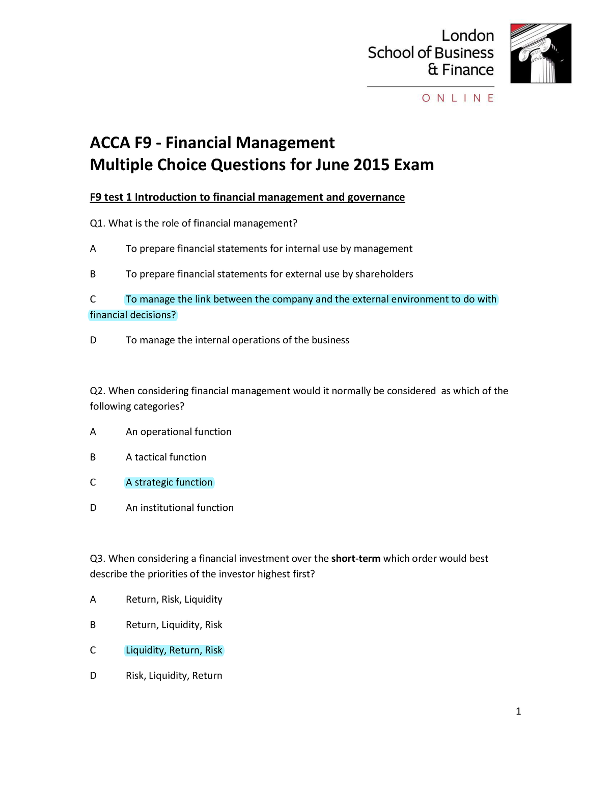 F9 Mcqs Bank June 15 - F9 ACCA Practice Paper - A CCA F9 - Financ Ial ...