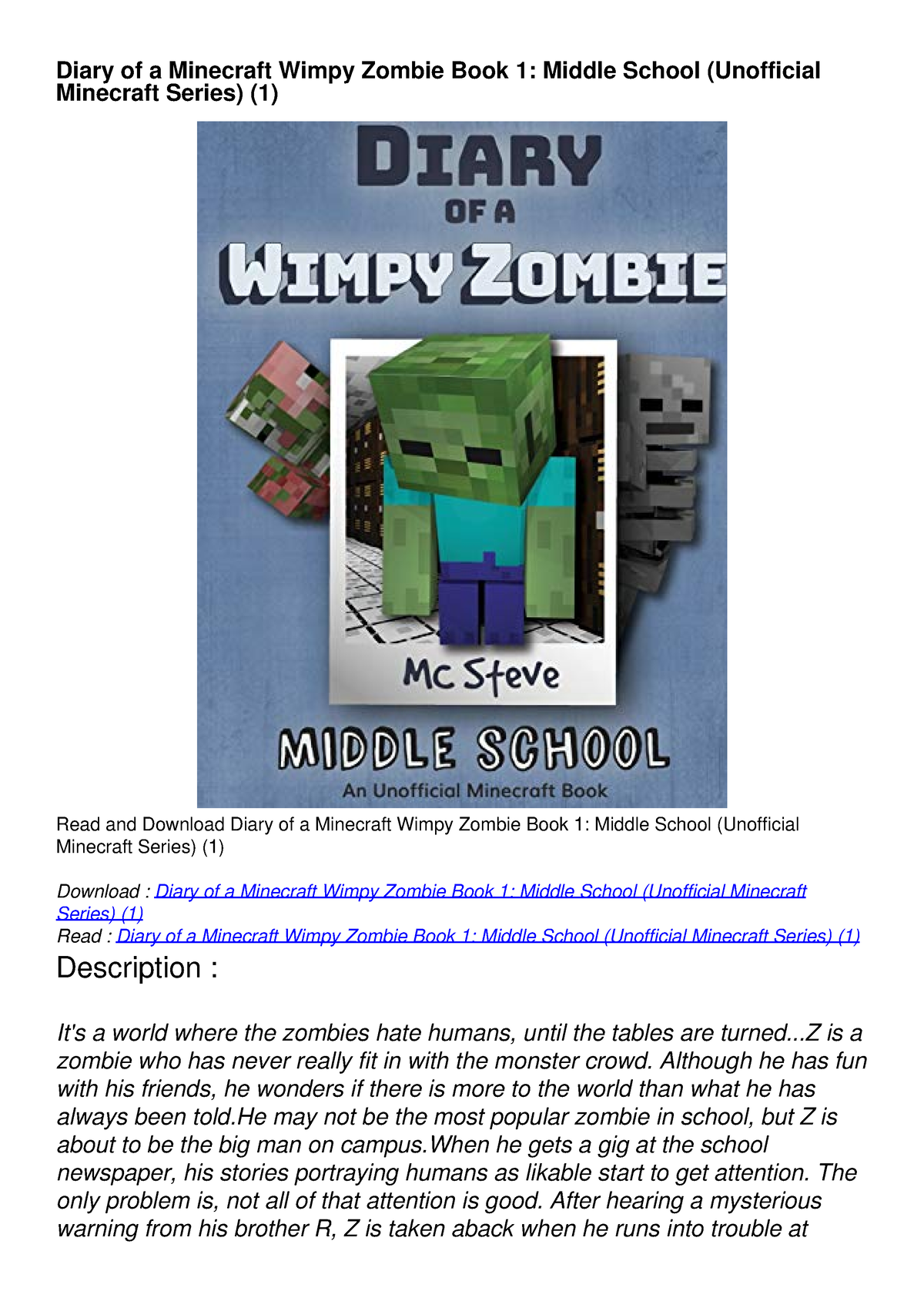 Pdf Read Diary Of A Minecraft Wimpy Zombie Book 1 Middle School Unofficial Minecraft Is A