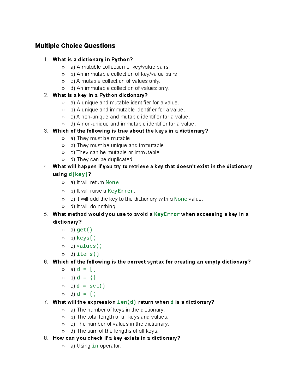 Lecture 2 quiz study - Multiple Choice Questions What is a dictionary ...