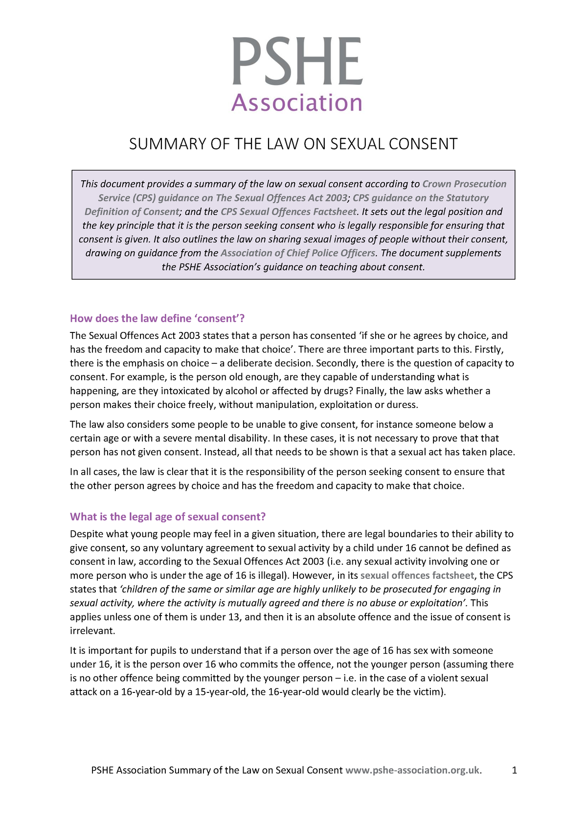 Pdf Summary On Sexual Concent And Autonomy Pshe Association Summary Of The Law On Sexual 