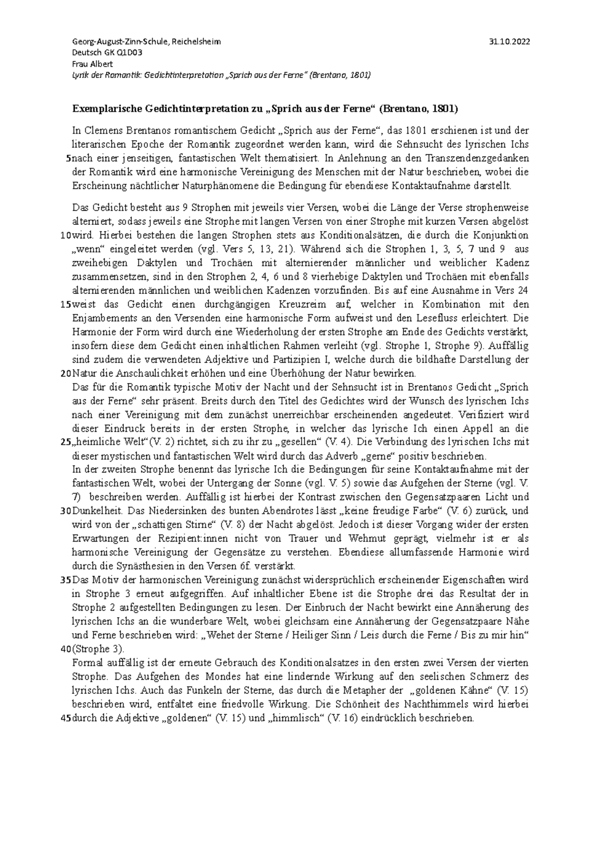 Clemens Brentano Sprich Aus Der Ferne Gedichtanalyse Exemplarische Gedichtinterpretation Brentano Sprich aus der Ferne