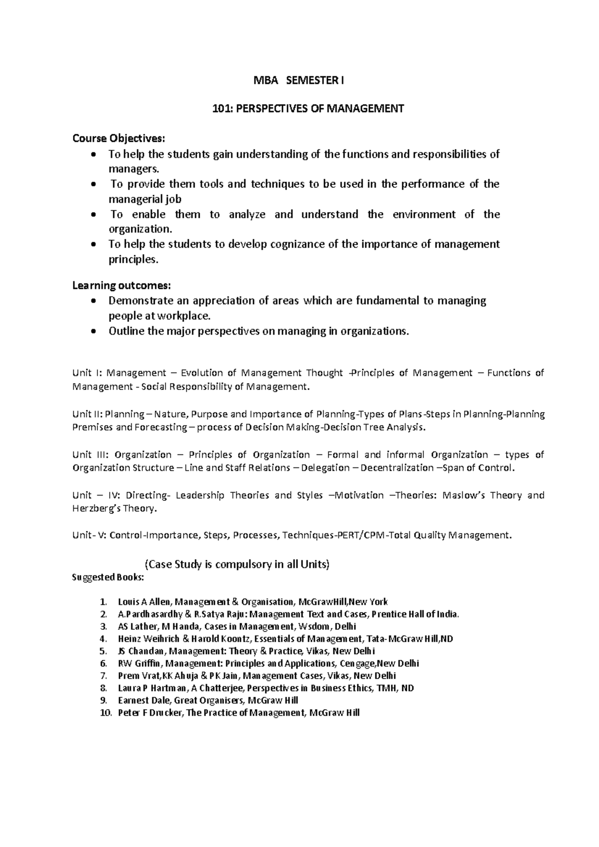 MBA - Hdfbk - MBA SEMESTER I 101: PERSPECTIVES OF MANAGEMENT Course ...