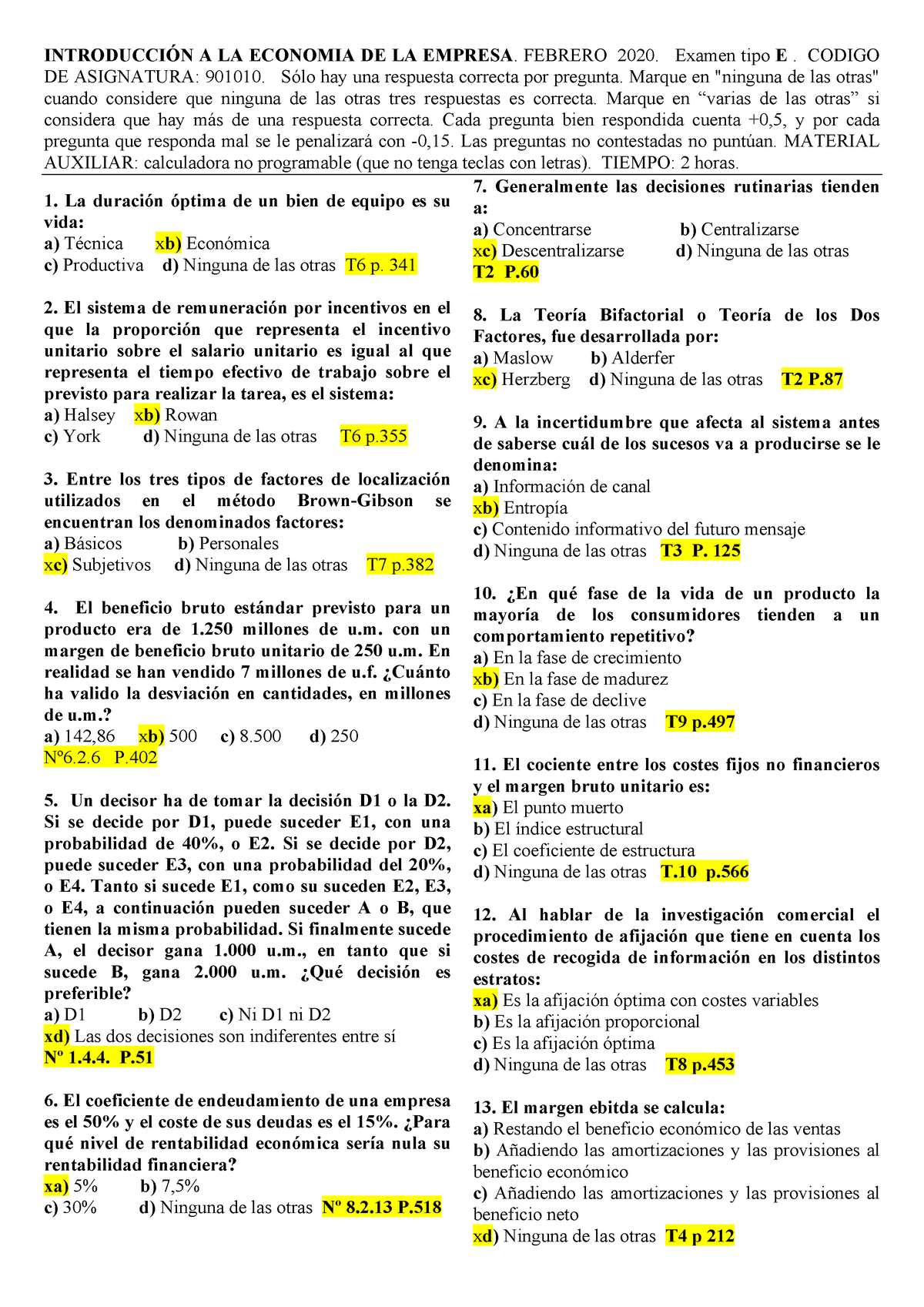 Examen Febrero Tipo E Respuestas Introducci N A La Economia De La Empresa Febrero